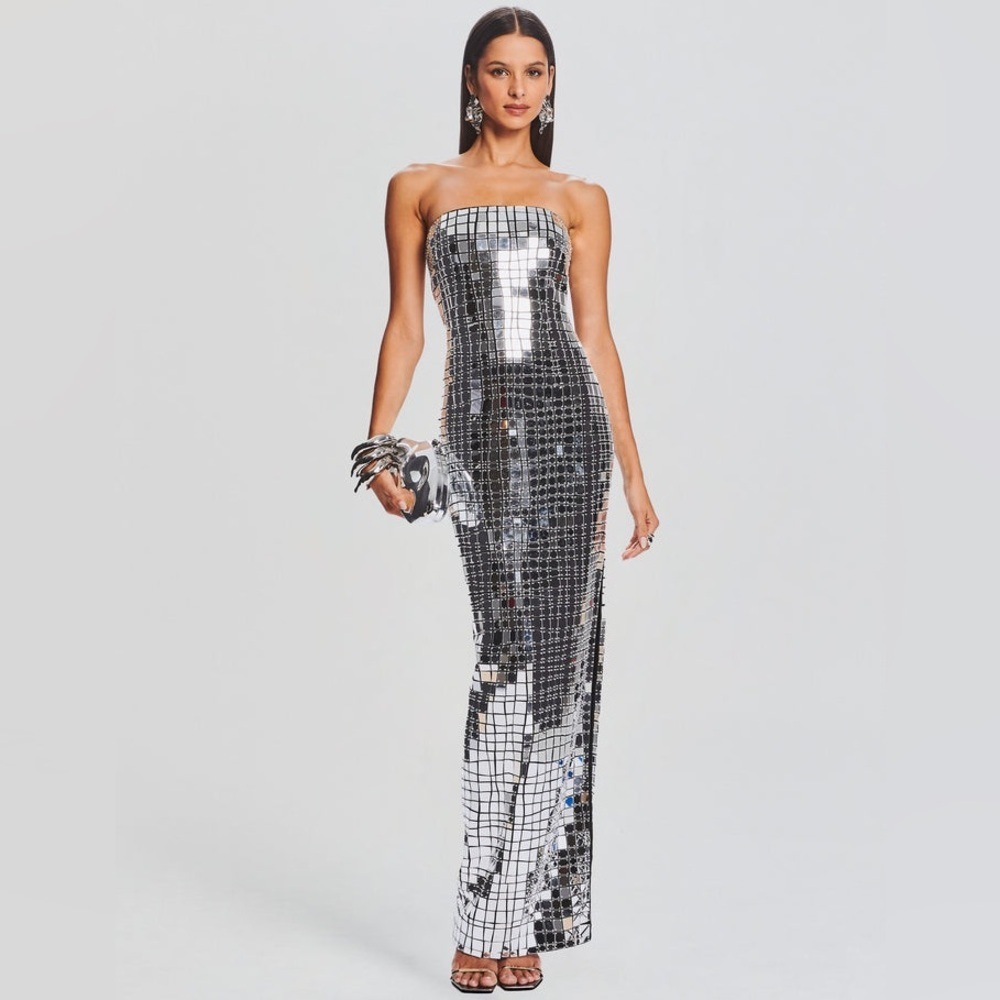 Retrofete Strapless Bodycon Metallic Imani Dress Evening Gown Silver XS - Picture 9 of 16